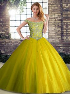 Yellow Green Ball Gowns Beading Quinceanera Dress Lace Up Tulle Sleeveless