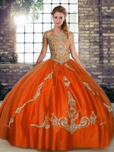Charming Sleeveless Tulle Floor Length Lace Up Ball Gown Prom Dress in Orange Red with Beading and Embroidery