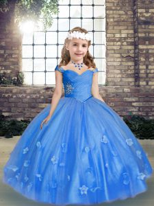 High Class Blue Lace Up Little Girl Pageant Gowns Beading and Hand Made Flower Sleeveless Floor Length