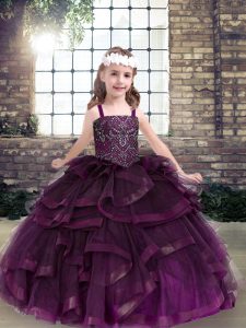Eggplant Purple Ball Gowns Beading and Ruffles Little Girls Pageant Dress Wholesale Lace Up Tulle Sleeveless Floor Lengt
