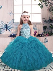 Dramatic Floor Length Ball Gowns Sleeveless Teal Pageant Dress Womens Lace Up