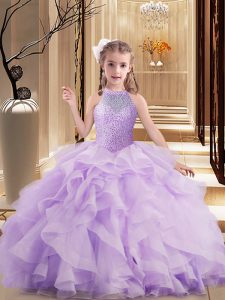 Beauteous Lavender Sleeveless Beading and Ruffles Floor Length Child Pageant Dress