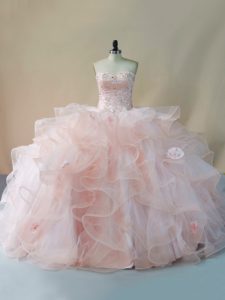 Brush Train Ball Gowns Ball Gown Prom Dress Peach Sweetheart Tulle Sleeveless Lace Up