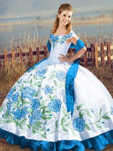 Inexpensive Blue And White Satin Lace Up Off The Shoulder Sleeveless Floor Length Quinceanera Gown Embroidery
