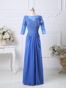 Fashion Floor Length Blue Prom Gown Chiffon Half Sleeves Lace