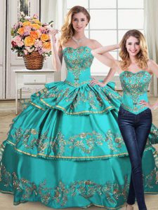 Perfect Aqua Blue Two Pieces Organza Sweetheart Sleeveless Embroidery and Ruffled Layers Floor Length Lace Up Quinceaner