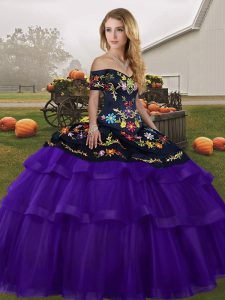 Black And Purple Ball Gown Prom Dress Tulle Brush Train Sleeveless Embroidery and Ruffled Layers