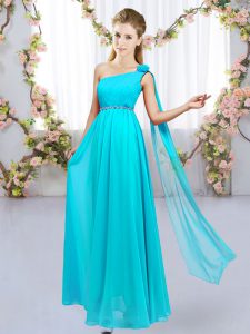 Hot Selling Aqua Blue Empire Beading and Hand Made Flower Bridesmaid Dresses Lace Up Chiffon Sleeveless Floor Length
