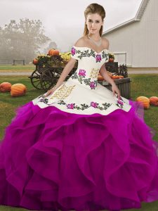 White And Purple Ball Gowns Tulle Off The Shoulder Sleeveless Embroidery and Ruffles Floor Length Lace Up Quinceanera Go