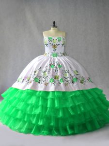Deluxe Floor Length Green Quinceanera Dress Organza Sleeveless Embroidery and Ruffled Layers