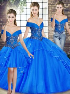 Charming Off The Shoulder Sleeveless Quinceanera Dresses Floor Length Beading and Ruffles Royal Blue Tulle