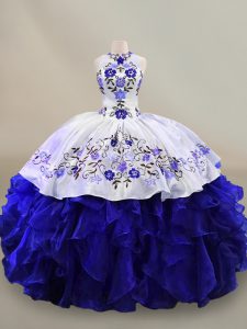 Sleeveless Floor Length Embroidery and Ruffles Lace Up Quinceanera Gowns with Blue And White