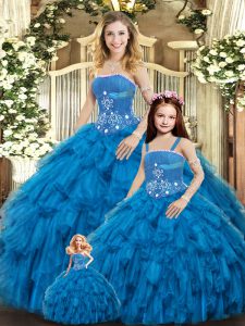 Delicate Tulle Strapless Sleeveless Lace Up Beading and Ruffles 15 Quinceanera Dress in Blue