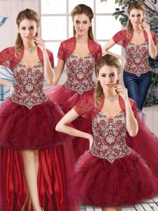 Eye-catching Burgundy Off The Shoulder Neckline Beading and Ruffles Ball Gown Prom Dress Sleeveless Lace Up