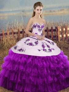 Trendy White And Purple Organza Lace Up Ball Gown Prom Dress Sleeveless Floor Length Embroidery and Ruffled Layers and B