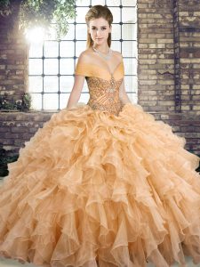 Lovely Sleeveless Brush Train Beading and Ruffles Lace Up 15 Quinceanera Dress