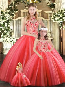 Coral Red Halter Top Lace Up Embroidery Sweet 16 Dresses Sleeveless