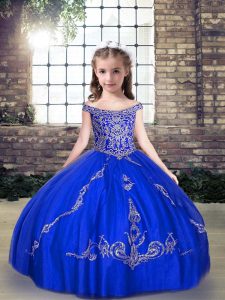 Royal Blue Ball Gowns Beading Little Girls Pageant Gowns Lace Up Tulle Sleeveless Floor Length
