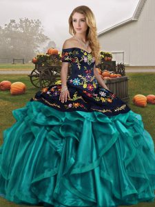 Flare Sleeveless Organza Floor Length Lace Up Quinceanera Dress in Teal with Embroidery and Ruffles