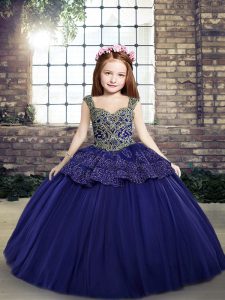 Popular Purple Lace Up Straps Beading and Appliques Little Girl Pageant Gowns Tulle Sleeveless