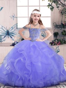 Affordable Straps Sleeveless Tulle Pageant Dress for Womens Beading and Ruffles Lace Up