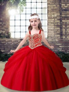 Glorious Ball Gowns Little Girls Pageant Gowns Red Straps Tulle Sleeveless Floor Length Lace Up