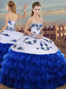 Royal Blue Sleeveless Floor Length Embroidery and Ruffled Layers Lace Up Ball Gown Prom Dress