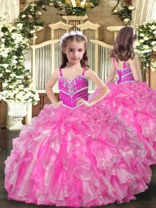 Unique Rose Pink Ball Gowns Organza Straps Sleeveless Beading and Ruffles Floor Length Lace Up Girls Pageant Dresses