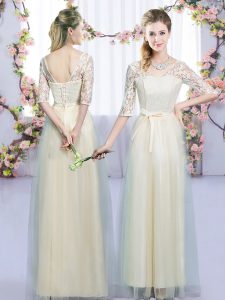 Hot Sale Floor Length Champagne Dama Dress Tulle Half Sleeves Lace and Bowknot