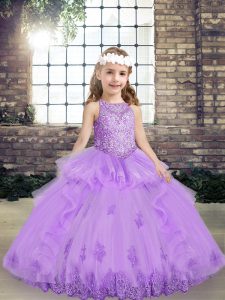 Floor Length Lavender Little Girls Pageant Dress Tulle Sleeveless Lace and Appliques