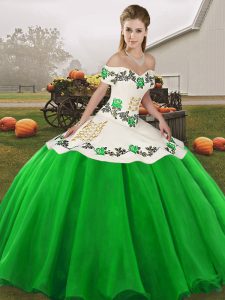 Latest Off The Shoulder Sleeveless Quince Ball Gowns Floor Length Embroidery Green Organza