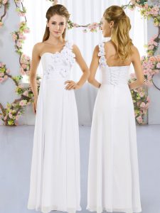 Fashionable One Shoulder Sleeveless Vestidos de Damas Floor Length Hand Made Flower White Chiffon