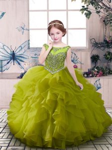 Olive Green Ball Gowns Organza Scoop Sleeveless Beading and Ruffles Floor Length Zipper Pageant Gowns