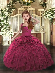 Floor Length Lace Up Kids Formal Wear Fuchsia for Party and Wedding Party with Ruffles