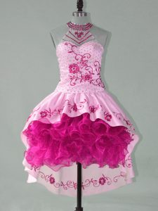 Deluxe Pink Lace Up Halter Top Embroidery and Ruffles Prom Evening Gown Satin and Organza Sleeveless
