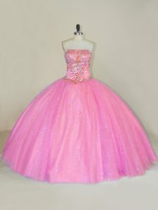 Pink Ball Gowns Tulle Strapless Sleeveless Beading Floor Length Lace Up 15th Birthday Dress
