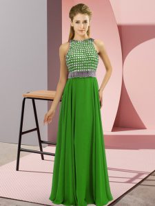 Popular Green Chiffon Side Zipper Scoop Sleeveless Floor Length Dress for Prom Beading