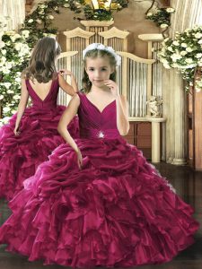 Sleeveless Floor Length Beading and Ruffles and Pick Ups Backless Little Girls Pageant Dress Wholesale with Fuchsia