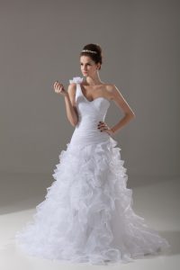 Sophisticated White Sleeveless Ruffles and Hand Made Flower Lace Up Bridal Gown