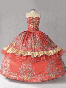 Gorgeous Rust Red Ball Gowns Satin and Organza Sweetheart Sleeveless Embroidery and Bowknot Floor Length Lace Up Quincea