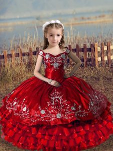 Floor Length Ball Gowns Sleeveless Red Little Girl Pageant Gowns Lace Up