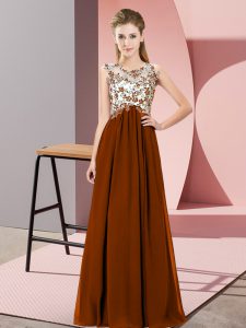 Dynamic Sleeveless Chiffon Floor Length Zipper Wedding Guest Dresses in Brown with Beading and Appliques