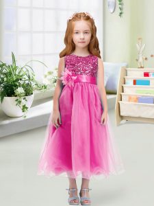 Exquisite Rose Pink Zipper Scoop Sequins and Hand Made Flower Toddler Flower Girl Dress Organza Sleeveless
