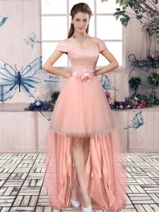 Low Price High Low Pink Prom Evening Gown Tulle Short Sleeves Lace and Hand Made Flower
