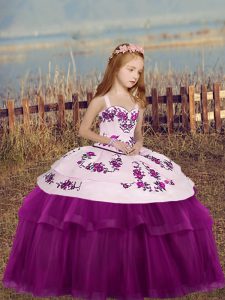 Floor Length Side Zipper Little Girls Pageant Dress Fuchsia for Party and Wedding Party with Embroidery