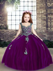 Cute Purple Sleeveless Appliques Floor Length Little Girls Pageant Gowns
