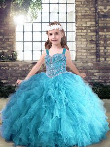 Charming Floor Length Aqua Blue Little Girls Pageant Dress Straps Sleeveless Lace Up