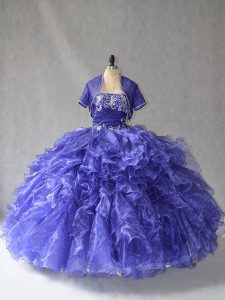 Great Sleeveless Floor Length Beading and Ruffles Lace Up 15th Birthday Dress with Blue