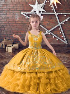 Gold Lace Up Little Girls Pageant Dress Wholesale Embroidery and Ruffled Layers Sleeveless Floor Length