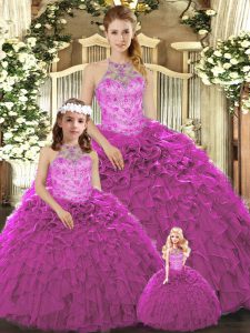Sophisticated Sleeveless Organza Floor Length Lace Up Sweet 16 Dress in Fuchsia with Beading and Ruffles